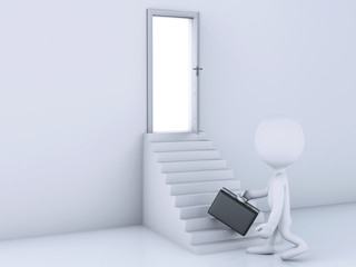 White people climbing up on staircase to the open door.