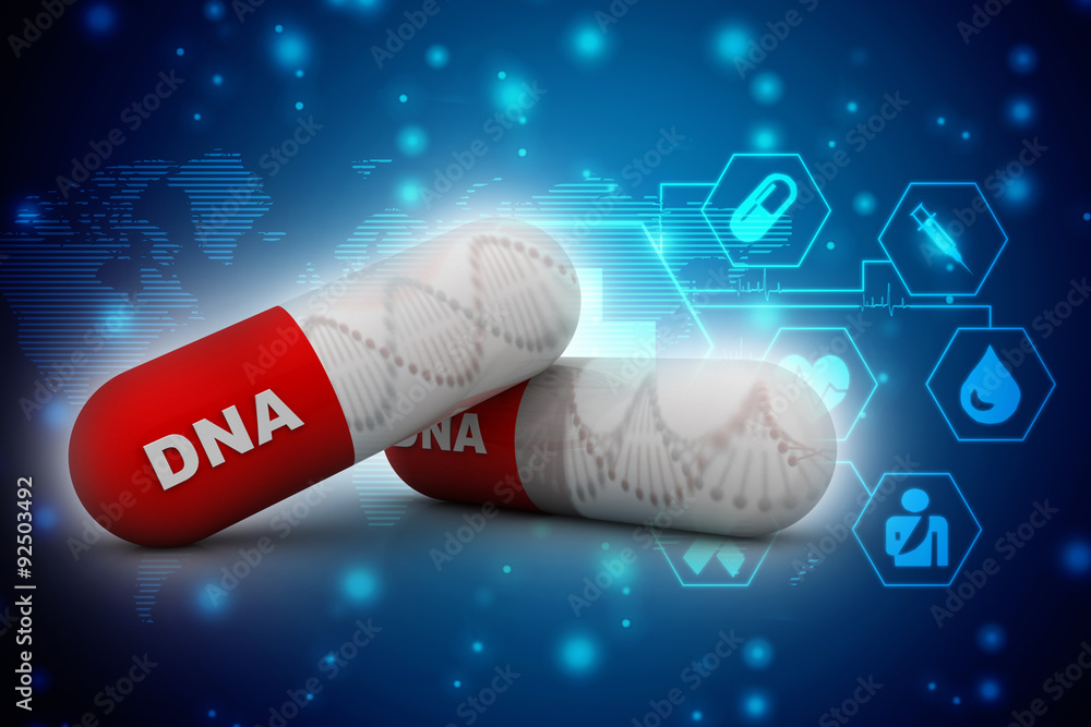 Poster 3d render of dna structure with capsule