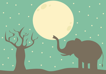 african night with elephant silhouette cute cartoon vector illustration