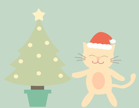 cute cartoon christmas tree and cat funny holidays vector background illustration