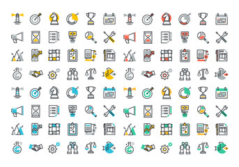 Flat line colorful icons collection of corporate business economics, global market strategy vision, partnership teamwork organization, success business, marketing, planning and analytics.