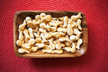 Small salty crackers in shape of fish