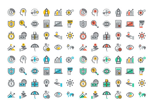 Flat line colorful icons collection of business strategy, money growth, financial planning, investment portfolio, crowdsource funding, market data analytics, insurance.