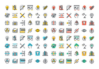 Fototapeta premium Flat line colorful icons collection of graphic design, web design, photography, industrial design, logo design, branding, corporate identity, stationary, product design.