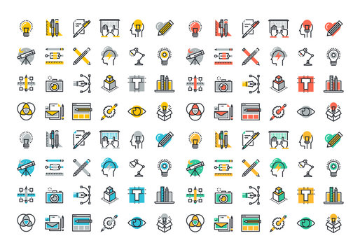 Flat line colorful icons collection of graphic design, web design, photography, industrial design, logo design, branding, corporate identity, stationary, product design.