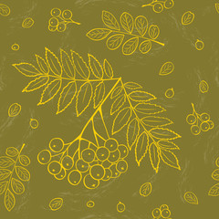 Autumn leafs background. Hand drawing vector seamless pattern with rowan and leafs. For graphic design, textile and web.