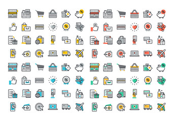 Flat line colorful icons collection of retail shopping activity, shopping and buying products, logistics services and price scanning, consumer items for selling, online shopping, discounts and coupons - obrazy, fototapety, plakaty