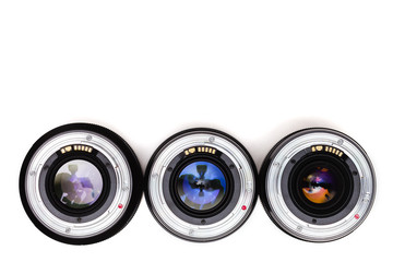 number of expensive lenses with colorful reflection