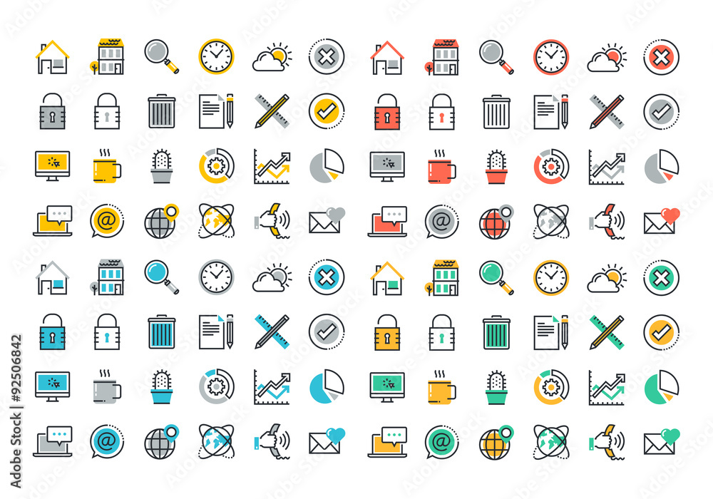 Poster flat line colorful icons collection of website main elements and page features, office management pr