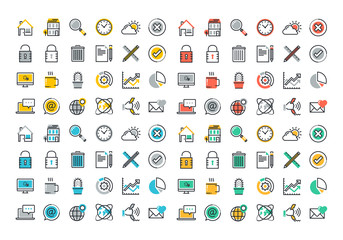 Flat line colorful icons collection of website main elements and page features, office management process, business organization, internet contact and communication, online security, paperwork.