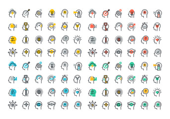 Flat line colorful icons collection of human brain process, people thinking, emotions, mental health, creative process, business solution, character experience, strategy and development, opportunities