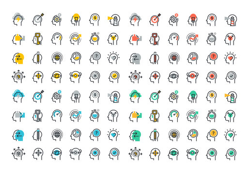 Flat line colorful icons collection of human brain process, people thinking, emotions, mental health, creative process, business solution, character experience, strategy and development, opportunities