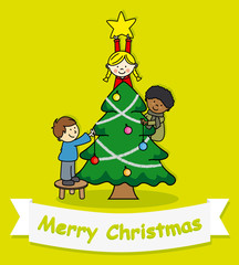 Christmas card. Three children decorating a Christmas tree