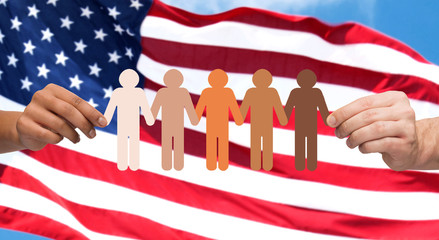 hands with people pictogram over american flag