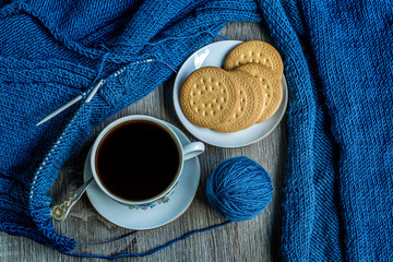 Still life with coffee and knitting