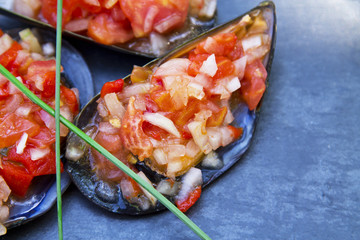 mussels vinaigrette on board