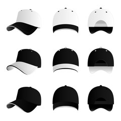 Black and white baseball cap vector set
