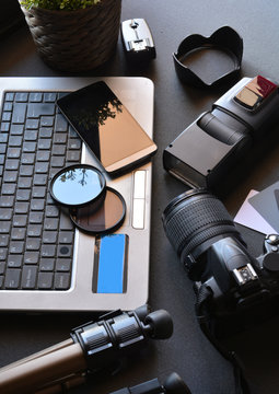 desktop with photography equipment