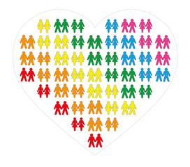 Gay and lesbian couples, that form a colorful heart. Isolated vector illustration on white background.