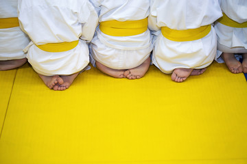 Group of children in kimono sitting on tatami on martial arts training seminar
