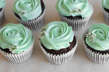 Homemade chocolate cupcake with turquoise rose frosting