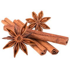 cinnamon stick and star anise spice isolated on white background