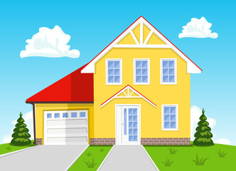 Colorful vector cartoon house on blue background. Illustration