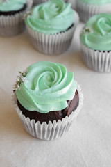Homemade chocolate cupcake with turquoise rose frosting