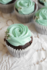 Homemade chocolate cupcake with turquoise rose frosting