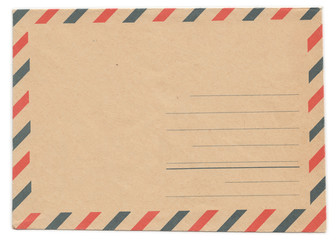 Vintage envelope front side, air mail, blank, old yellowed paper, isolated on white