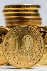 Russian ruble macro. Stack of coins on the background
