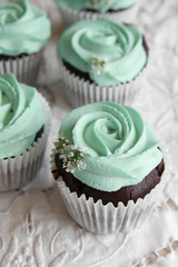 Homemade chocolate cupcake with turquoise rose frosting