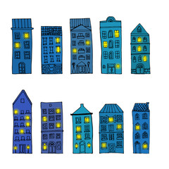 Set of old town buildings isolated on white background.
