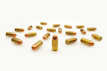 Automatic Pistol Bullets Isolated on White Wide Angle View