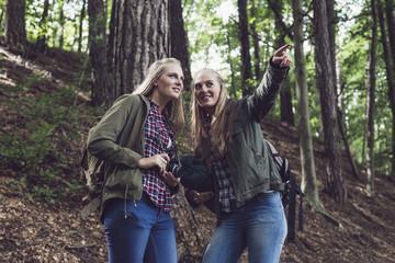 Two woman photographing in summer forest.