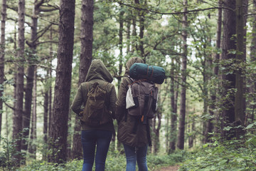 Friends with hoody walking on forest trail.
