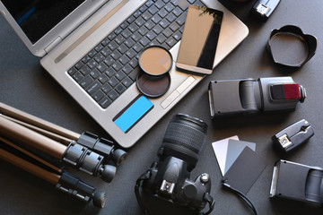 desktop with photography equipment - obrazy, fototapety, plakaty