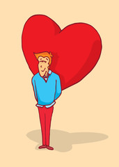 Man in love hiding a huge heart or feelings