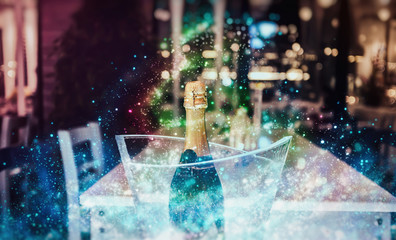 Sparkling wine bottle sparkling stars around. Tell the festive s