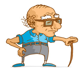 Old man leaning on wood cane