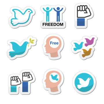 Freedom icons set - dove and fist symbols 