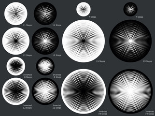 Solid and dotted radial gradient backgrounds in various gradual steps