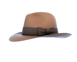 Brown mens hat with a bow isolated on white background.