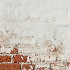 Old Red Brick Wall With White  Plaster Frame Background Texture Closeup