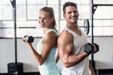 Obraz na płótnie Canvas Smiling couple exercising with dumbbells 
