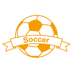 Icono plano cinta texto Soccer naranja con balon