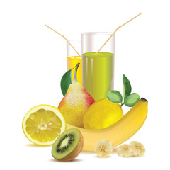 two glasses with juice and straw, lemon and slice of lemon, banana and slice of banana, pear with leaf and half of kiwi on a white background