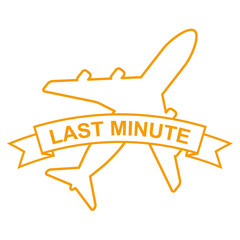 Icono plano cinta texto LAST MINUTE naranja con avion