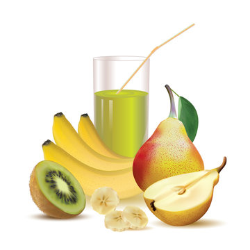 glass with juice and straw, bananas and slice of banana, pear with leaf and half of pear and kiwi on a white background