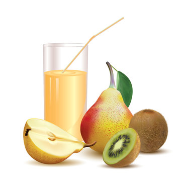 glass with juice and straw, pear with leaf and half of pear, kiwi and half of kiwi on a white background